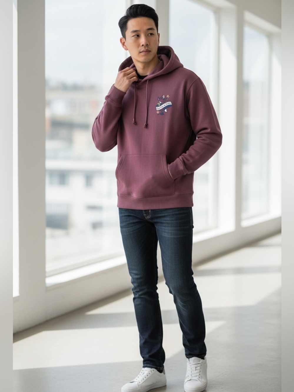 Scotch & Soda Men’s Relaxed Fit Fleece Graphic Hoodie in Wine NWT